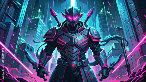 Cyberpunk ninja with glowing eyes in futuristic city