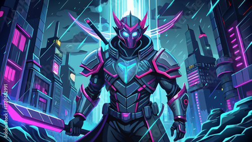 Cyberpunk warrior stands in futuristic city scene
