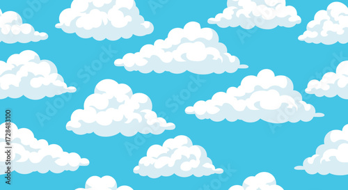 Cartoon illustration of a blue sky filled with fluffy white clouds, creating a cheerful and bright atmosphere.
