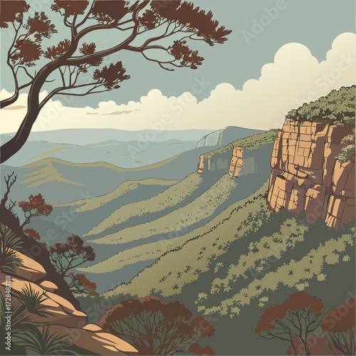 Scenic mountain range with cliffs and trees under a cloudy sky