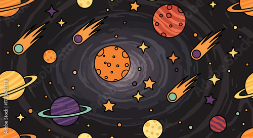 Colorful illustration of space with planets, stars, comets, and a swirling galaxy background.