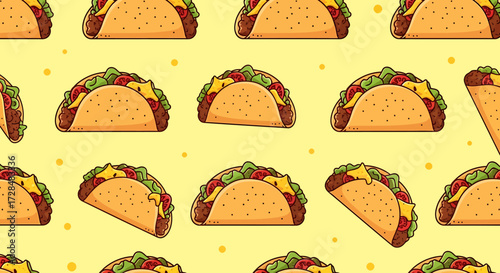 A vibrant and cheerful seamless pattern featuring a repeating arrangement of delicious-looking tacos against a bright yellow background with small yellow dots.