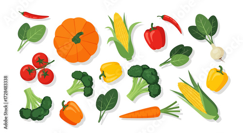 A vibrant collection of fresh, colorful vegetables including pumpkin, corn, broccoli, peppers, spinach, carrots, tomatoes, and chili peppers, arranged on a white background.