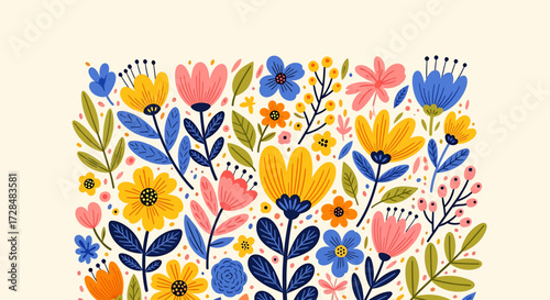 Vibrant and colorful floral pattern with stylized flowers and leaves on a light background, perfect for spring and summer designs.