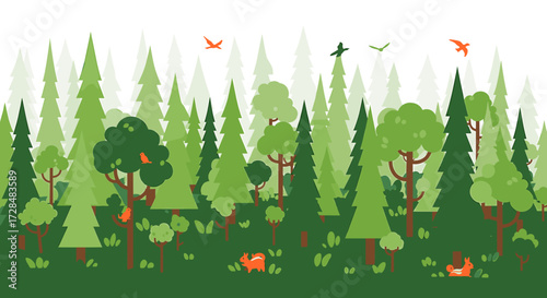 A vibrant illustration of a forest scene with various trees, birds, and ground elements.