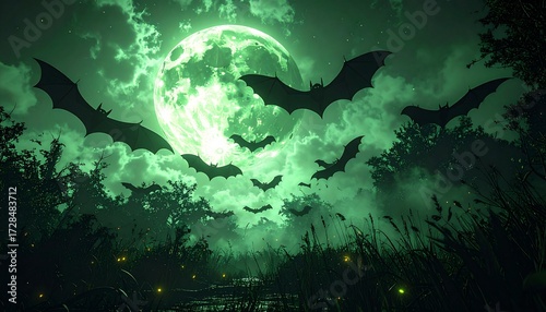 Spooky Flock of Black Bats Silhouetted Against a Neon Green Dusk Sky