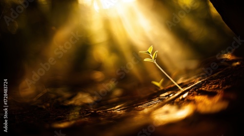 sapling. Young sapling emerging from rich soil, sunlight filtering through leaves in a detailed macro view. gardening catalogs, home-decor guides, designed for gardening and botanical catalogs.
