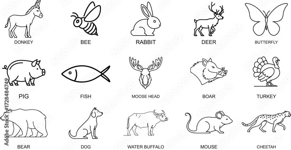 Fototapeta premium Set of Animal Line Icons Donkey Bee Rabbit Deer Butterfly Pig Fish Moose Boar Turkey Bear Dog Buffalo Mouse and Cheetah Vector Illustration for Prints Web