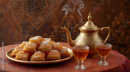 Baklava alongside a brass teapot and small Moroccan tea glasses filled with mint tea, placed on a terracotta table with patterned tablecloth.