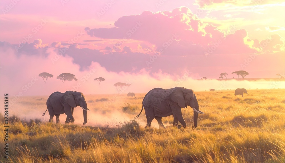 Fototapeta premium Surreal Elephant Migration Across a Golden Savannah with Floating Islands