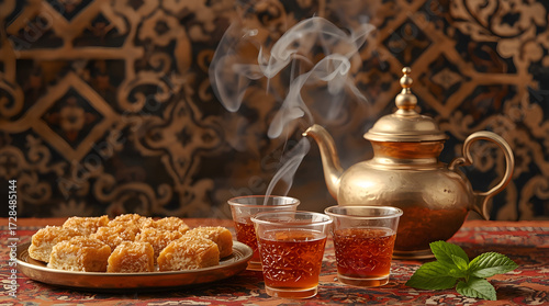 Baklava alongside a brass teapot and small Moroccan tea glasses filled with mint tea, placed on a terracotta table with patterned tablecloth.