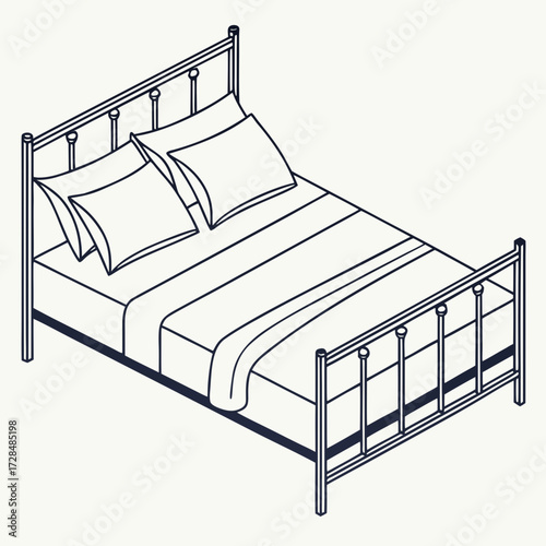 Isometric illustration of a metal bed frame with bedding and two pillows
