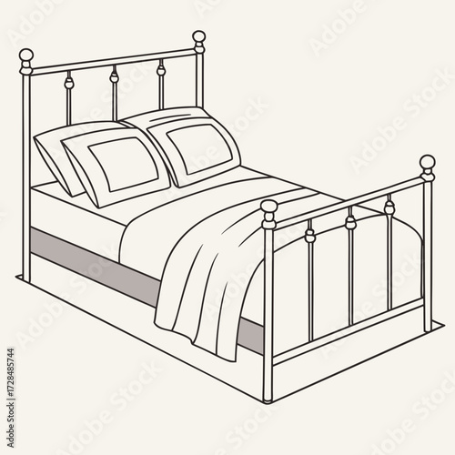 Illustration of a metal bed frame with bedding and pillows
