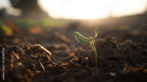 sapling. Young sapling emerging from rich soil, sunlight filtering through leaves in a detailed macro view. gardening catalogs, home-decor guides, designed for gardening and botanical catalogs.