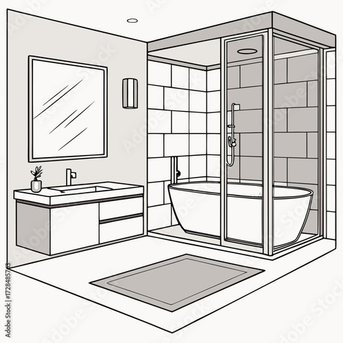 Illustration of a modern bathroom interior with a tub and vanity