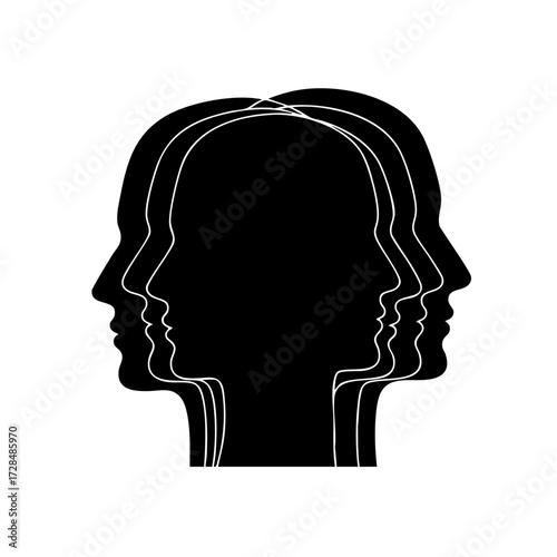 Minimalist Black Silhouette Overlapping Profile Faces Head Symbol Graphic Illustration