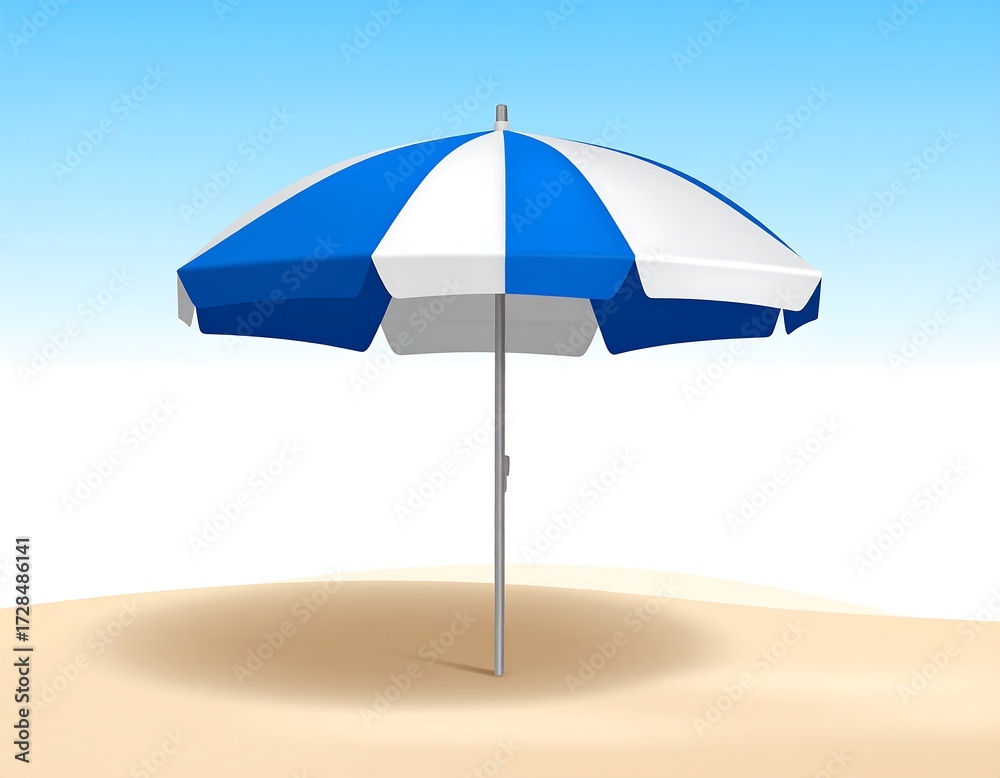 Fototapeta premium Blue and white beach umbrella on sand