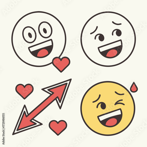 Expressive emoji faces with hearts and an arrow