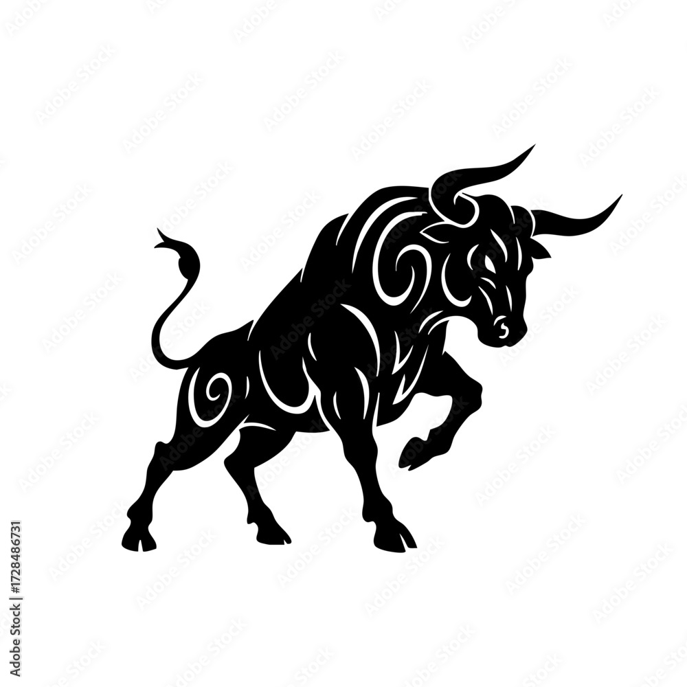 Obraz premium Intricate Silhouette Powerful Bull Charge Animal Symbol Design Illustration