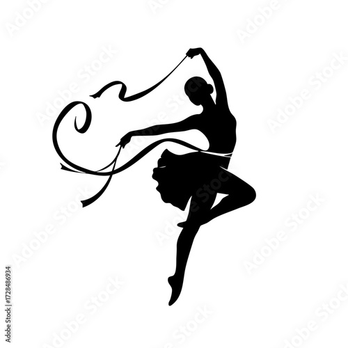 Silhouette Graceful Rhythmic Gymnast with Ribbon Performing Elegant Dance Movement