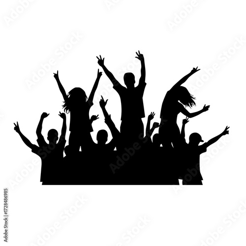 Silhouette Group of People Cheering With Raised Hands Celebration Illustration