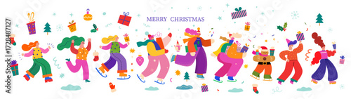 Christmas banner. Happy people come with gifts. Holiday Merry Christmas and Happy New Year illustration