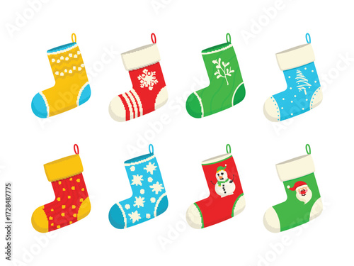 Hanging Christmas Stockings in Blue Green and Red Festive Winter Colors