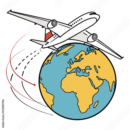Airplane flying over the earth with curved line