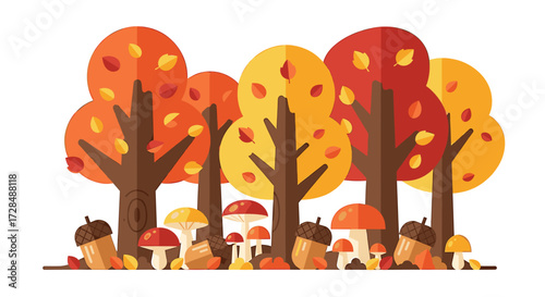 Stylized illustration depicts a vibrant autumn forest scene with colorful trees, mushrooms, and acorns.