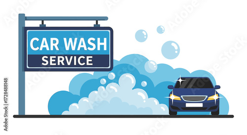 Illustration of a car wash service sign with a blue car and soap bubbles.
