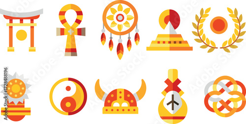 Mythology and Ancient Cultural Symbols Vector Icon Set – Ankh, Laurel Wreath, Viking Helmet, Celtic Knot, Yin Yang, Aztec Sun Stone, Pyramid, Norse Rune, Torii Gate, Dreamcatcher