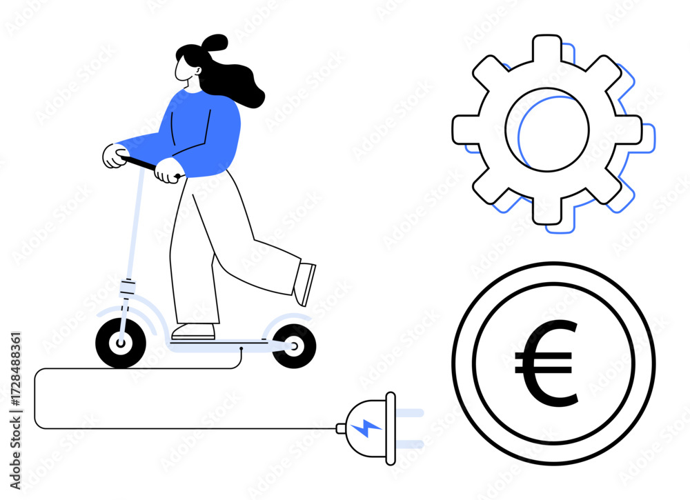 Fototapeta premium Woman riding electric scooter with charging plug, gear symbol, and Euro coin. Ideal for mobility, sustainability, technology, energy efficiency, modern economy, transport eco-conscious living