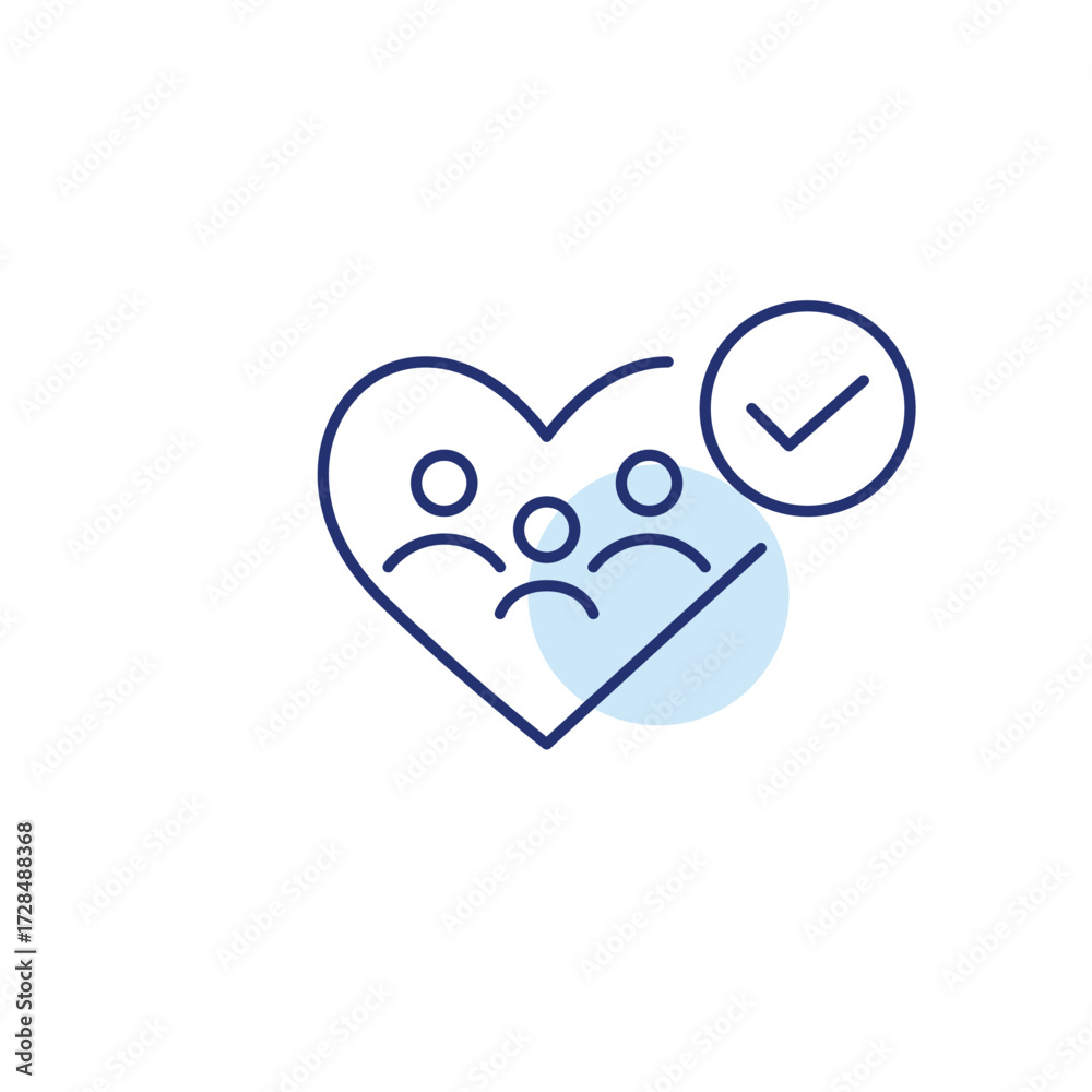 Fototapeta premium Family of three in heart and checkmark. Secure insurance, verified membership. Pixel perfect, editable stroke vector icon
