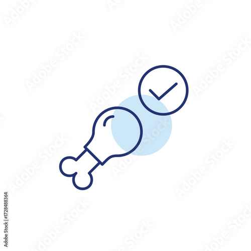Chicken drumstick and checkmark. Approved food quality, certified groceries. Pixel perfect, editable stroke vector icon