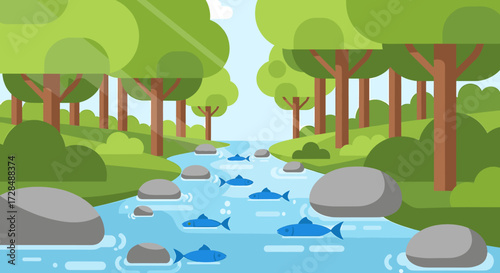 Illustration of a serene river flowing through a forest with fish swimming upstream and sunlight filtering through the trees.