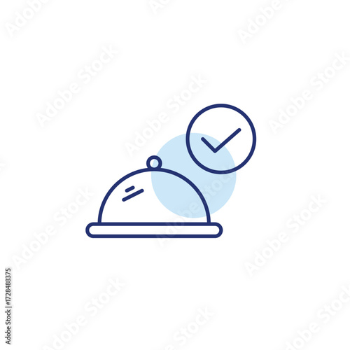 Restaurant food cloche and checkmark. Verified dining, chef choice. Pixel perfect, editable stroke vector icon