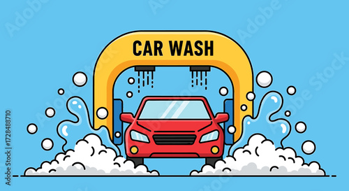 Cartoon illustration of a red car going through an automatic car wash with water, soap, and a yellow frame.