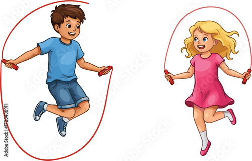 Cartoon children jumping rope with smiling faces, colorful outfits, playful movement, and energetic activity on white background for kids content themes.