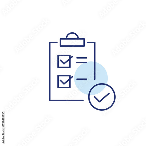 Checklist on clipboard and checkmark. Approved tasks, successfully verified. Pixel perfect, editable stroke vector icon