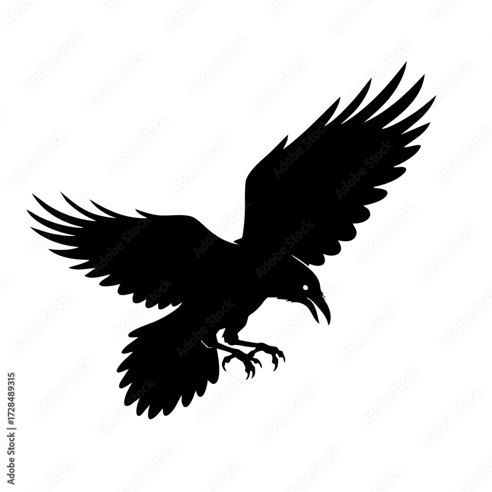 Obraz premium Silhouette Detailed Raven Soaring Through the Sky Nature Illustration Artwork