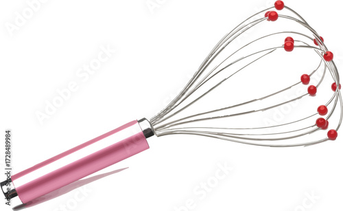 Pink handled head massager with red beads on a plain white background