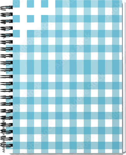 Blue checkered notebook on a white surface, school supplies and stationery