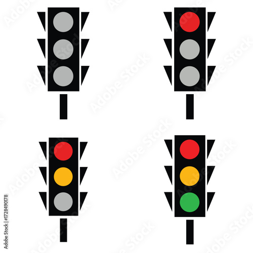Transparent PNG available
Traffic light flat icon set. Traffic signal signs. Street regulation system, road safety concept.