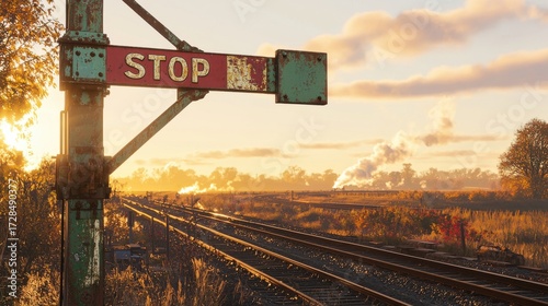 Antique railway semaphore signal showing stop position with peeling paint and rust standing by railway tracks during golden sunset with distant steam train