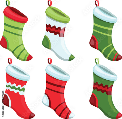 Striped Green and Red Christmas Stockings Set in Festive Holiday Decoration