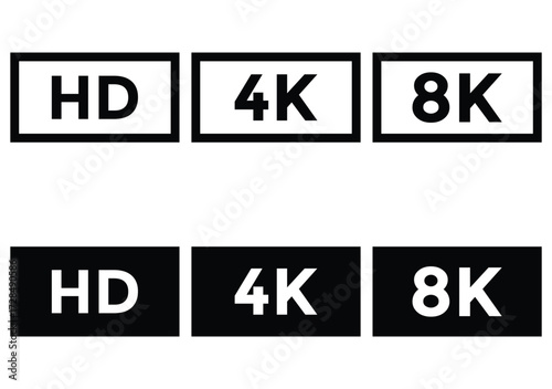 HD 4K 8K Video Format Icons Set – High Definition Display Symbols in Flat and Line Style Vector Illustration 