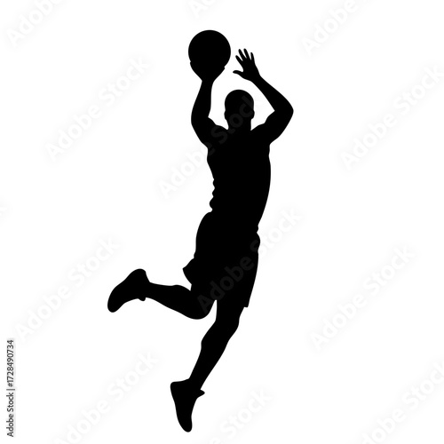 Black Silhouette Dynamic Basketball Player Jumping and Shooting Sport Illustration