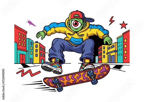Colorful cartoon character skateboarding in urban scene