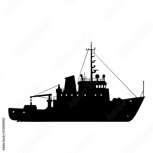 Silhouette Detailed Fishing Vessel Commercial Boat Transportation Maritime Illustration
