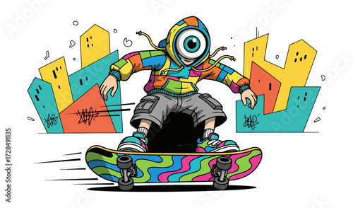 Colorful character skateboarding in urban setting